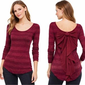 FASHION MAGAZINE Elegant Red Bow-Accent 3/4 Sleeve Striped Women's Top Small